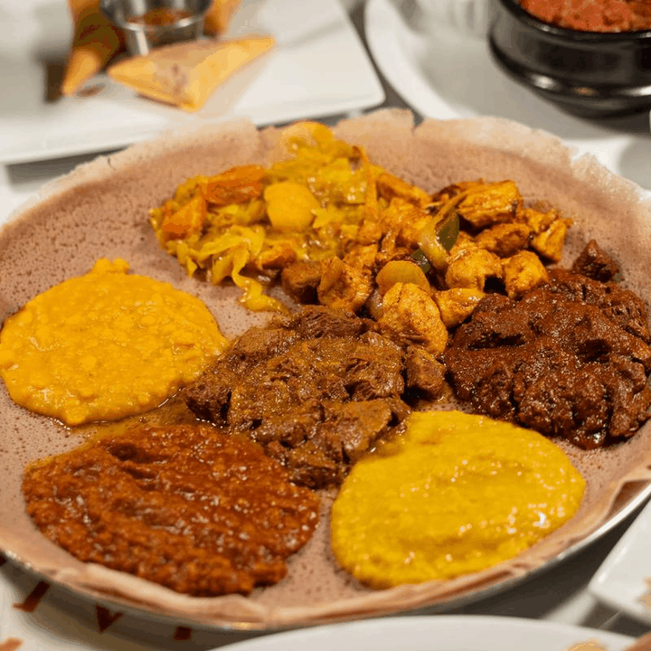 Gosh Ethiopian Restaurant's injera platter and dining room
