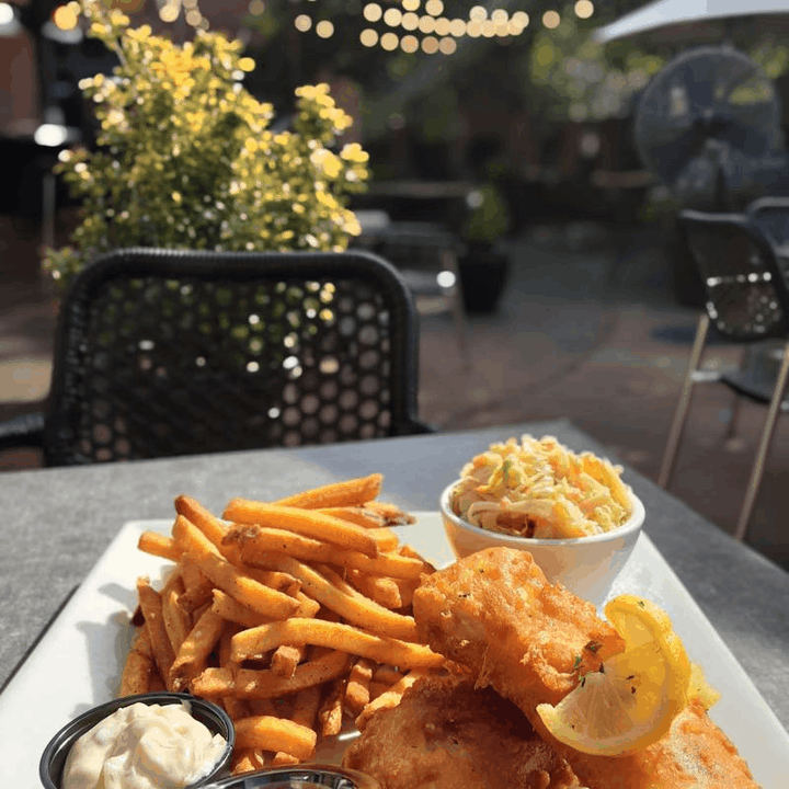 Fish and chips on the patio and shepherd's pie at Harp and Crown LKN