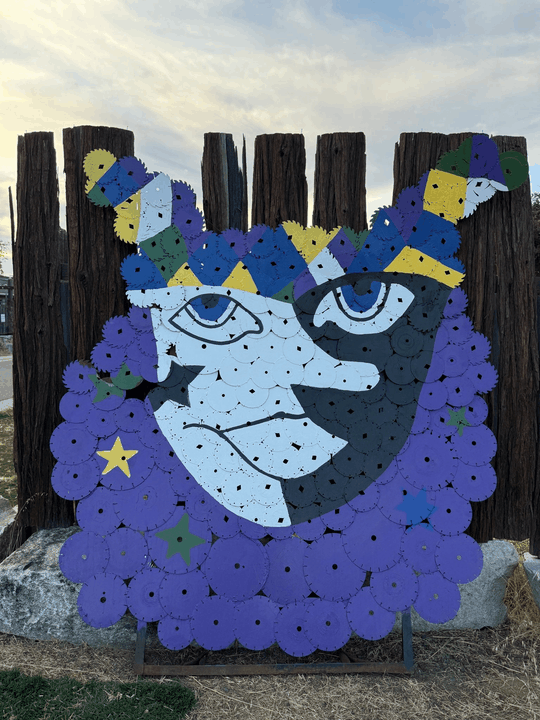 Clarks Corner's saw-blade Mardi Gras jester sculpture