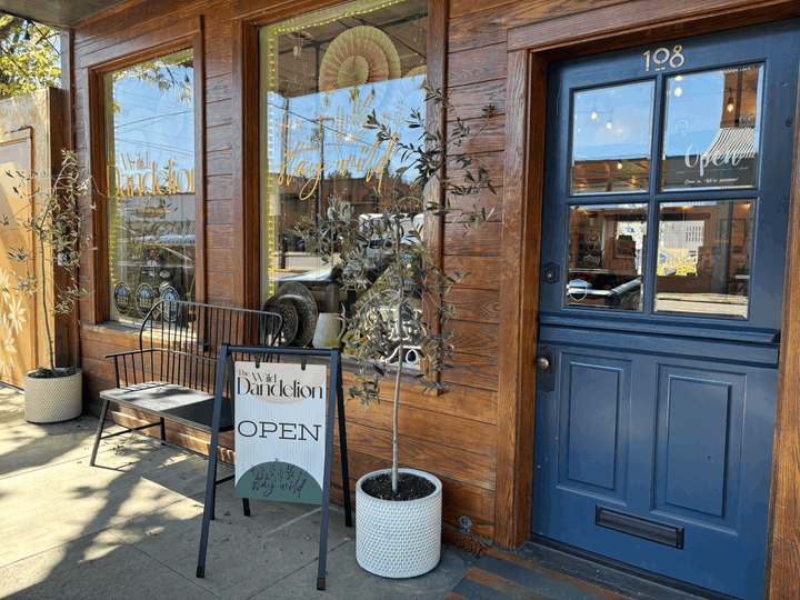 The Wild Dandelion storefront and decorative wooden bowl