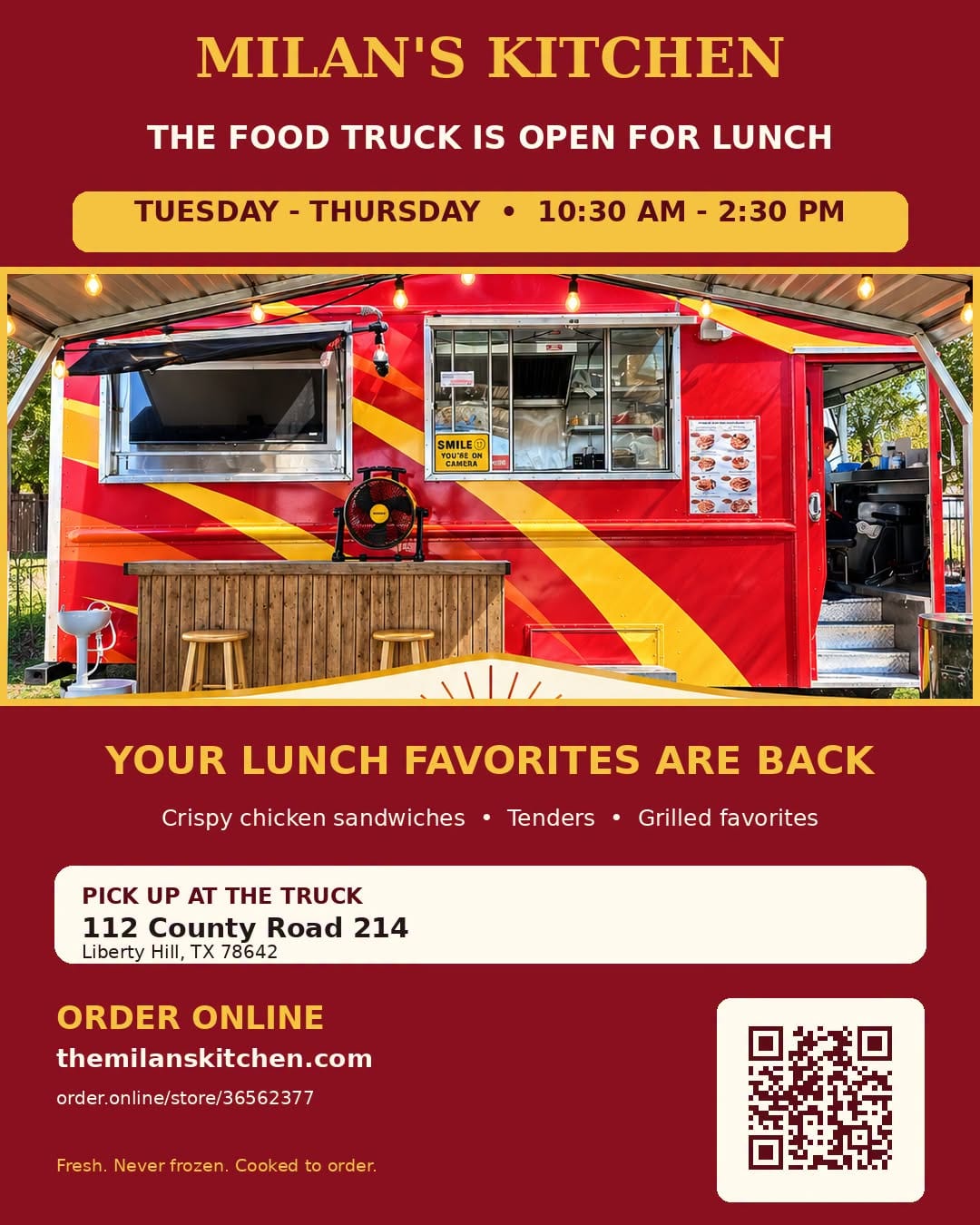 Milan’s Kitchen official lunch poster showing its red food truck with yellow stripes in Liberty Hill